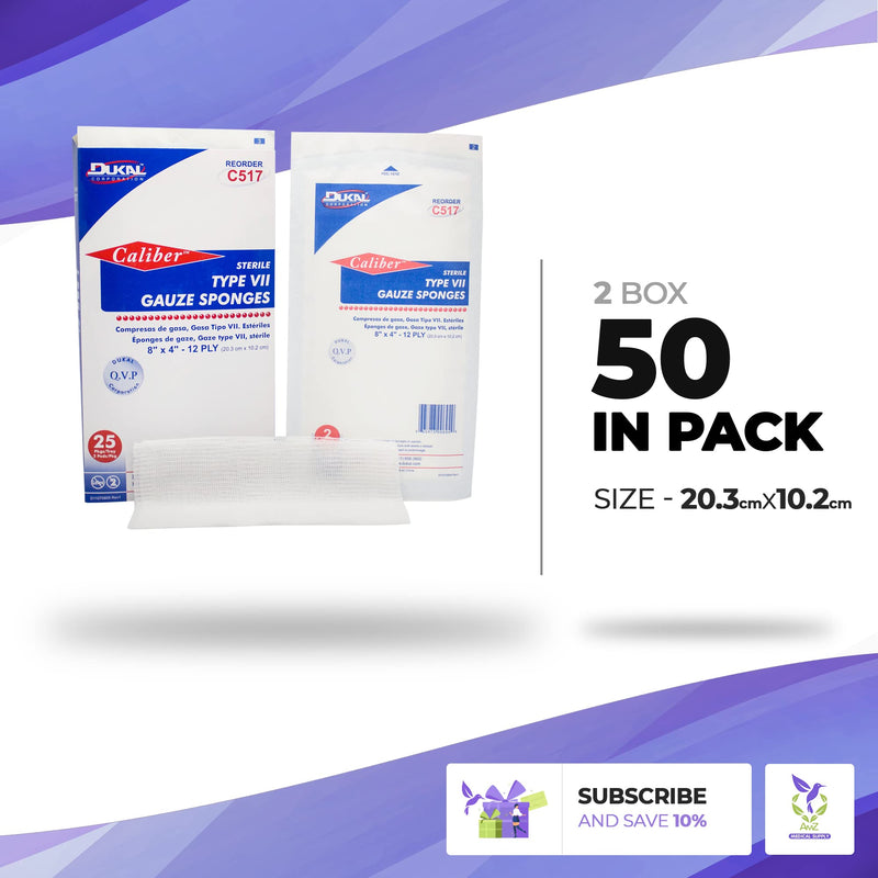 [Australia - AusPower] - Dukal Type VII Gauze Sponges 8" x 4". Pack of 50 Sterile Wound Pads 12-ply. Sterile 100% Сotton Gauze Sponges, Wound Care Dressing Pads for Cleaning, Prepping. Wound Care Gauze Bandages, C517 8x4 Inch (Pack of 50) 