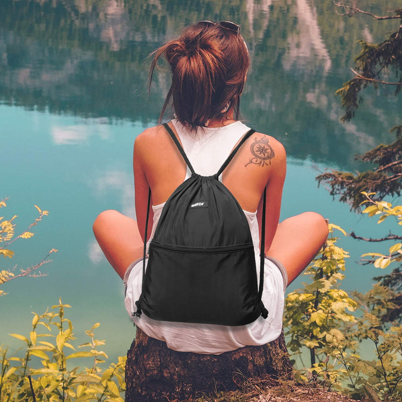 [Australia - AusPower] - Drawstring Backpack String Bag Sackpack Cinch Water Resistant Nylon for Gym Shopping Sport Yoga by WANDF Black 