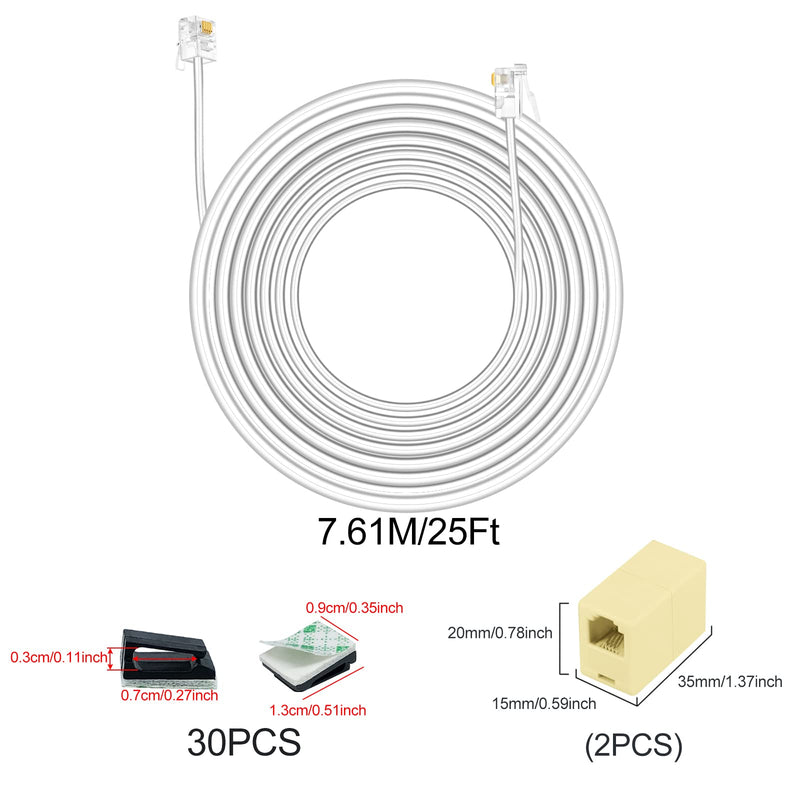 [Australia - AusPower] - RJ11 Landline System Accessories Include 25FT Extension Phone Cord with 30 Adhesive Cable Clips and 2 6P4C Straight Female to Female Inline Coupler White - 25FT Cable 