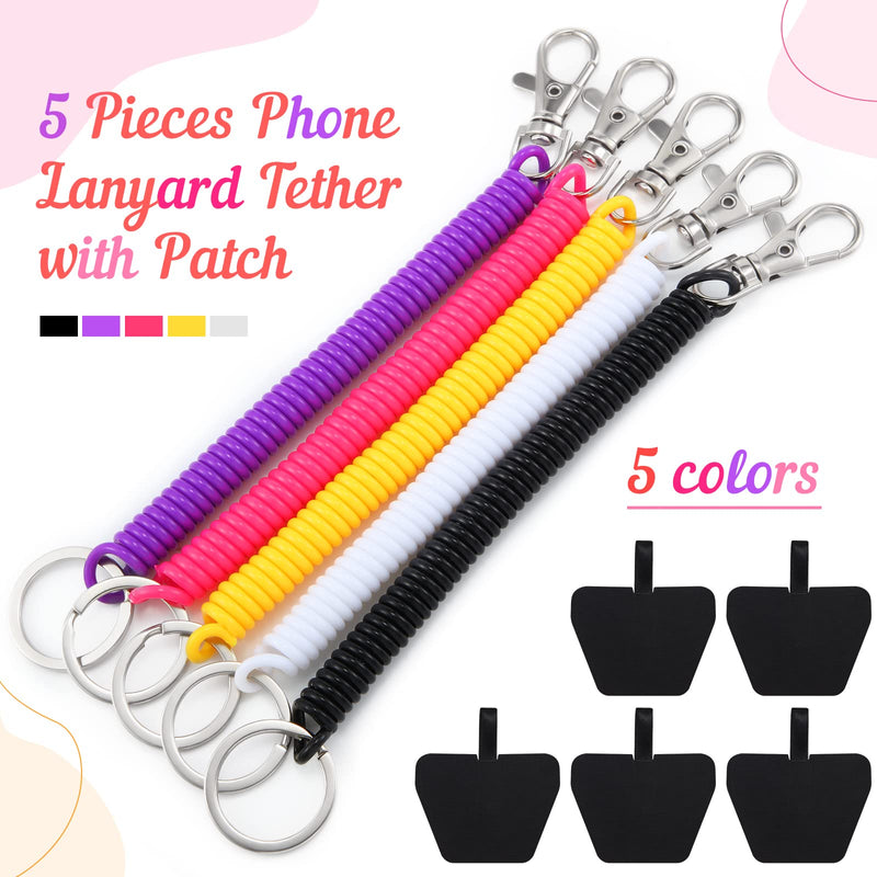 [Australia - AusPower] - 5 Pieces Phone Lanyard Tether with Patch, Phone Tether for Drop Protection Spiral Stretchy Lasso Straps Phone Patch Compatible with Smartphones (Multi Color) Multi Color 