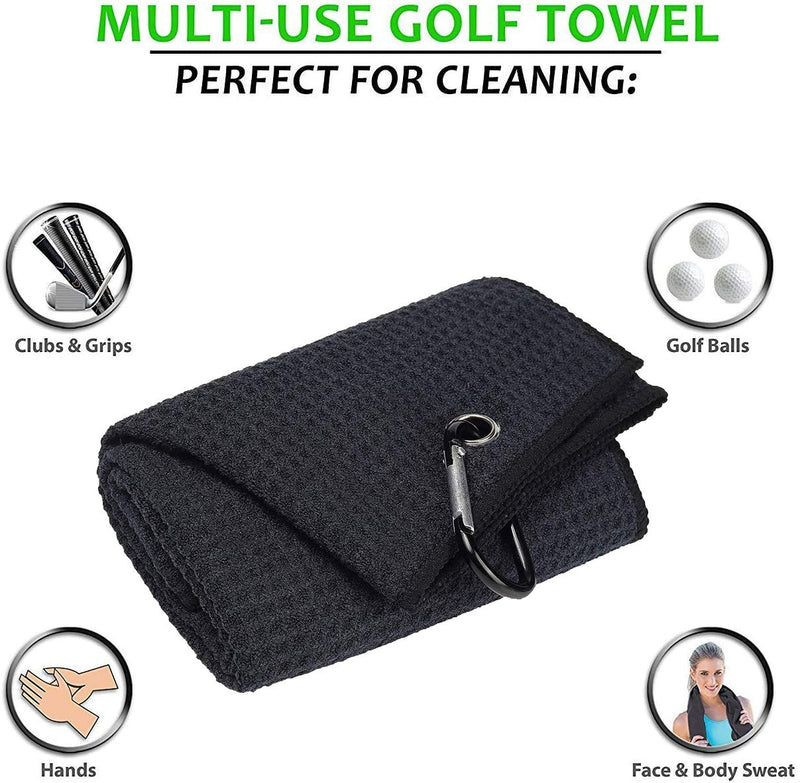 [Australia - AusPower] - Aebor Golf Towels, Microfiber Waffle Pattern Tri-fold Golf Towel - Brush Tool Kit with Club Groove Cleaner, with Clip Men Women Golf Gifts and Golf Accessories (2 Black Towel+Black Brush) 2 Black Towel+black Brush 