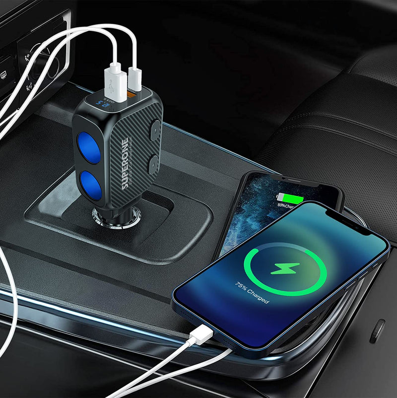 [Australia - AusPower] - SUPERONE 180W Cigarette Lighter Splitter with 20W PD, 2-Socket Cigarette Lighter Adapter, Fast USB C Car Charger with Type-C 20W PD & QC 3.0 for Dash Cam, GPS, Laptop/iPad/iPhone 13/12/11/X/8/Samsung 
