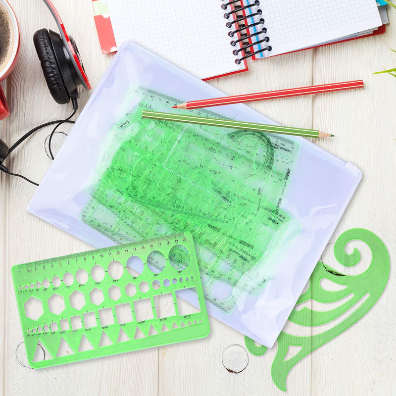 [Australia - AusPower] - SIQUK 11 Pieces Geometric Drawings Templates Plastic Clear Green Plastic Rulers with 1 Pack Poly Zipper Envelopes for Studying, Designing and Building 