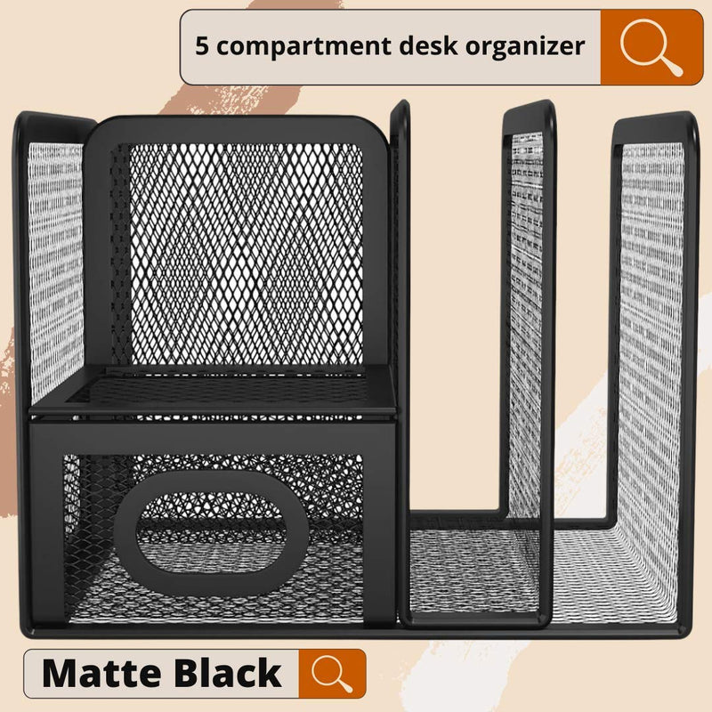 [Australia - AusPower] - 1InTheOffice Organizer for Desk, Desk Organizer, Mesh Desk Organizer, 5 Compartment Wire Mesh Accessory Holder, Matte Black 1 pack 