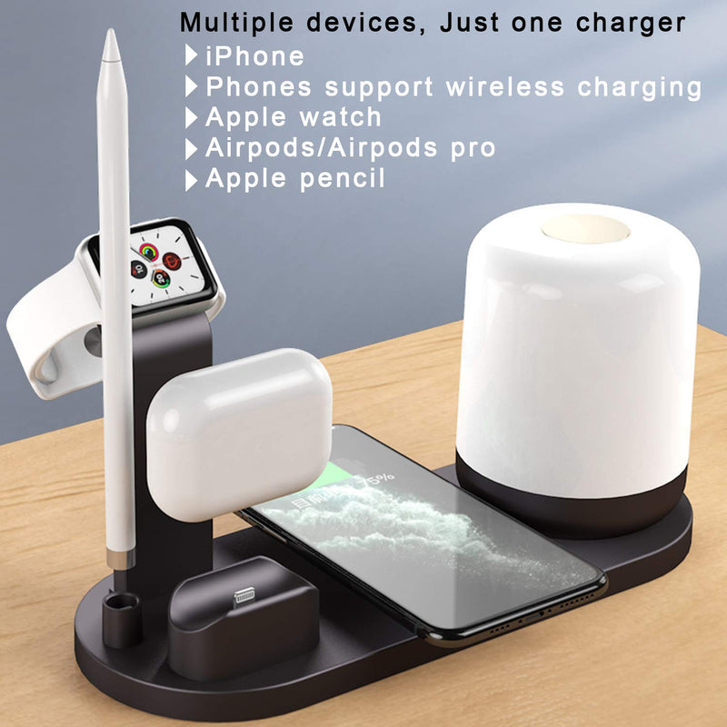 [Australia - AusPower] - Wireless Charger with Night lamp, QI-Certified Wireless Charging Station for Apple Airpods/Watch/Pencil, iPhone and Galaxy Series. Creative Design for Multiple Functions_Black Black 