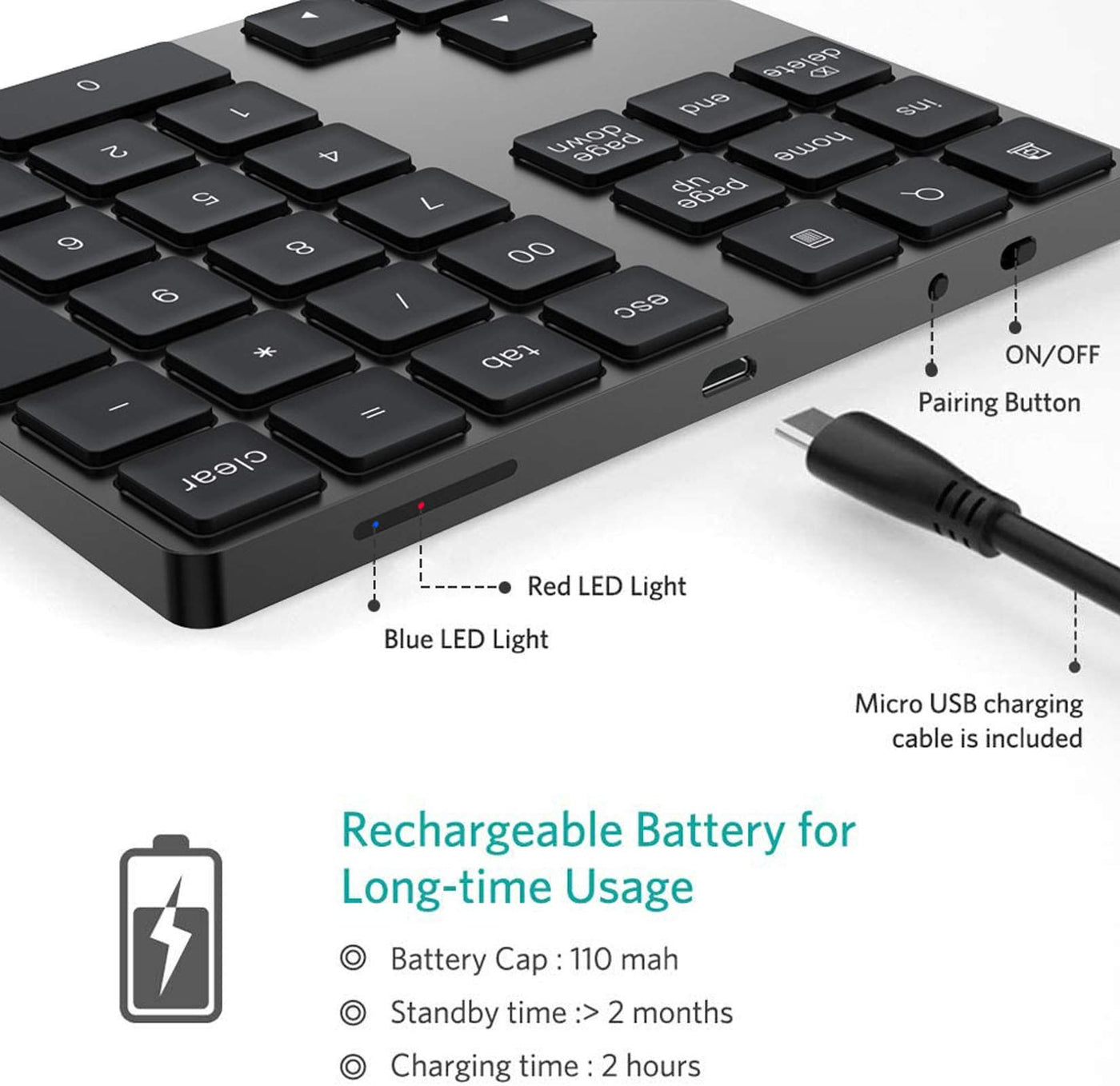 Wireless Bluetooth Number Pad - Portable 28-Key Numeric Keypad For Laptops, Tablets & Desktop Computers