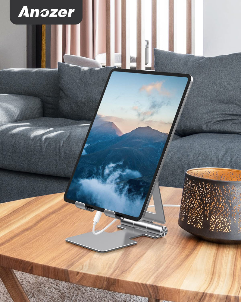 [Australia - AusPower] - Anozer Tablet Stand, Adjustable & Foldable Aluminium iPad Stand, Compatible with 2022 iPad Air 5/4,iPad Mini 6/5,iPad 10.2,iPad Pro 12.9/11, Portable Monitor, Surface Pro,Phones (4-13 inch)-Silver Silver 