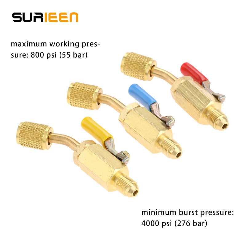 [Australia - AusPower] - SURIEEN 3 Pack R134A Angled Compact Shut-Off Ball Valve Adapter 3 Colors 1/4" SAE Thread Fits for HVAC Air Conditioning Refrigerant R134A R12 R22 R502 Charging Hoses Air Condition Refrigerant Tools 