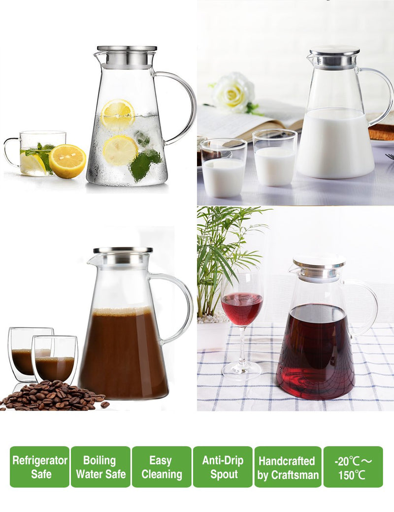 [Australia - AusPower] - SUSTEAS 1.5 Liter 51oz Glass Pitcher with Lid, Easy Clean Heat Resistant Glass Water Carafe with Handle for Hot/Cold Beverages - Water, Cold Brew, Iced Tea & Juice 