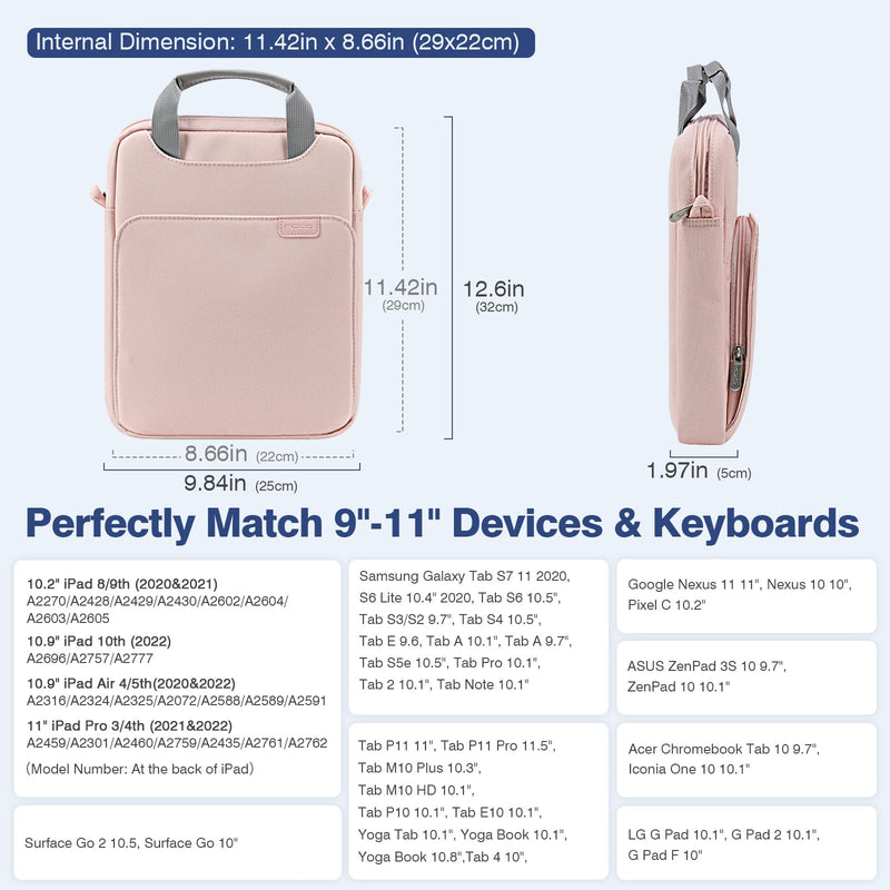 [Australia - AusPower] - MoKo 9-11 Tablet Shoulder Sleeve Bag, Fits iPad Pro 11 2022-2018, iPad 9/8/7th 10.2, iPad Air 5/4th 10.9, iPad 9.7, Surface Go 3/2, Polyester Bag with Concealed Hand Strap, Pink 