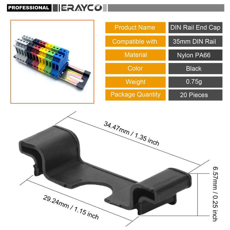[Australia - AusPower] - Erayco 20pcs DIN Rail End Cap Protector, 7.5 Thickness 35mm Wide Terminal Block DIN Rail Cut Resistant Protect for C45 DIN Rail 35mm Wide 
