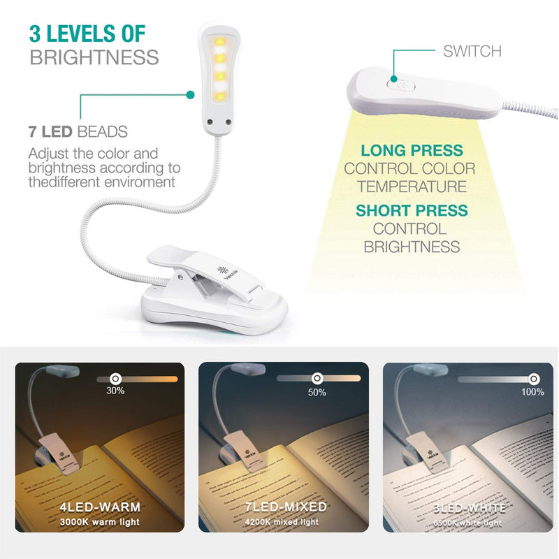 [Australia - AusPower] - Vekkia Rechargeable Book Light, 7 LED Reading Lights for Reading in Bed. 3 Color × 3 Brightness, Up to 70 Hours Lighting, Perfect for Readers, Kids & Travel (White) White 