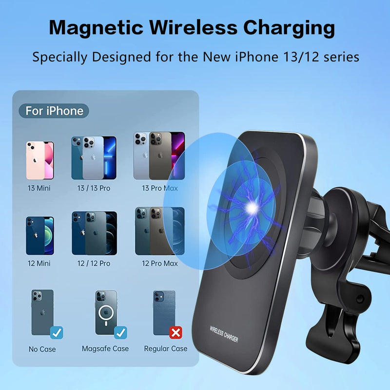 [Australia - AusPower] - VSTM Magnetic Wireless Car Charger Mount, 15W Fast Charging 360° Adjustable Dashboard Air Vent Cell Phone Holder Compatible with iPhone 13/12 Pro Max Mini Series & Mag-Safe Case (with QC 3.0 Adapter) 