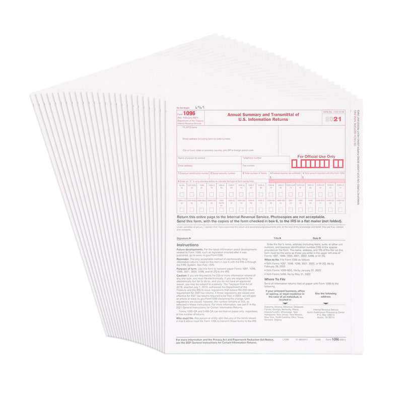 [Australia - AusPower] - 1096 Transmittal 2021 Tax Forms, 25 Pack of 1096 Summary Laser Forms, Compatible with QuickBooks and Accounting Software 