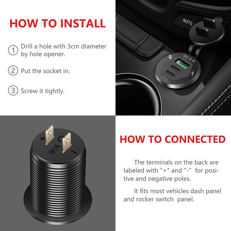 [Australia - AusPower] - USB C Car Charger Socket, 12V USB Outlet with 18W Dual PD Ports & 18W QC 3.0 Quick Charge Fast USB Type C Car Adapter for Car, Boat, Marine and More 
