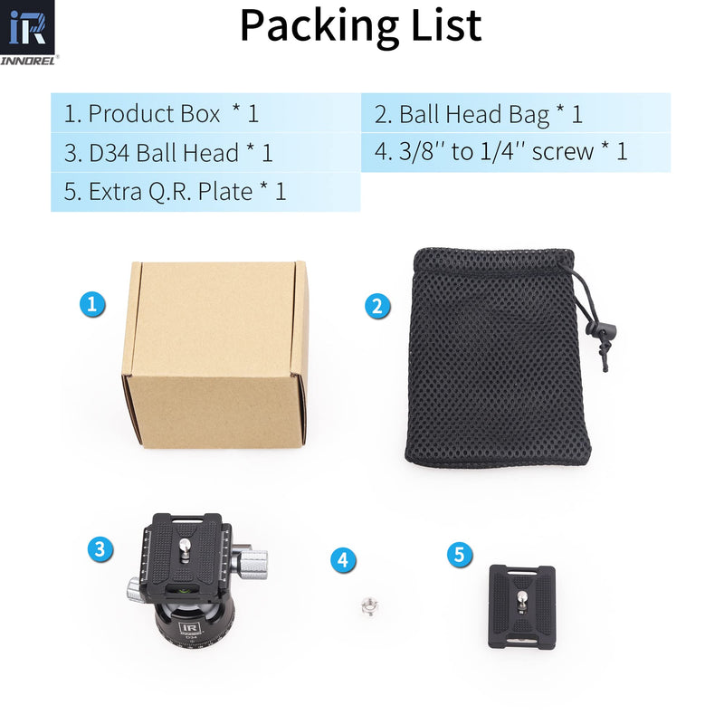 [Australia - AusPower] - INNOREL D34 34mm Low Profile Tripod Ball Head Professional All Metal CNC Panoramic Camera Tripod Head for Monopod,DSLR Cameras,Camcorder,DV with 1/4" Arca Swiss Quick Release Plate Load 33lb/15kg 34mm Dia. 