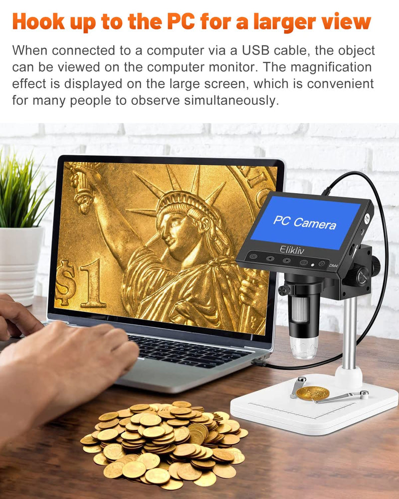 [Australia - AusPower] - Elikliv EDM4 4.3" Coin Microscope, LCD Digital Microscope 1000x, Coin Magnifier with 8 Adjustable LED Lights, PC View, Windows Compatible 