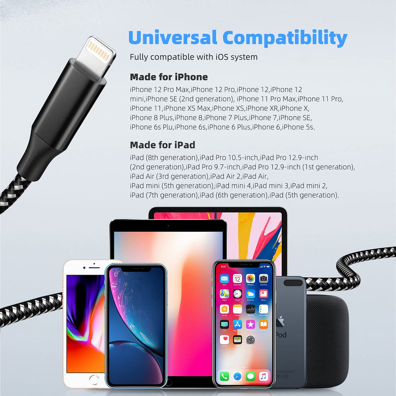 [Australia - AusPower] - iPhone Charger Cable 2022 Upgrade Apple MFi Certified Lightning Cable 3Pack 10FT Nylon Braid iPhone Charging Cord Fast Syncing Compatible with iPhone 13/12/11 Pro Max Xs X XR 8 7 iPod and More Whiteblack 