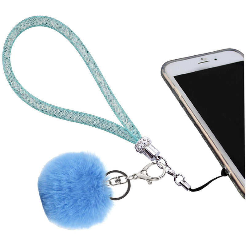 [Australia - AusPower] - Lanyard with Pompom and Fishnet Tube Filled with Sparkly Rhinestones,Bling Wrist Strap for Phone,Camera,ID Badge and USB Key,Short-Green Green Short 
