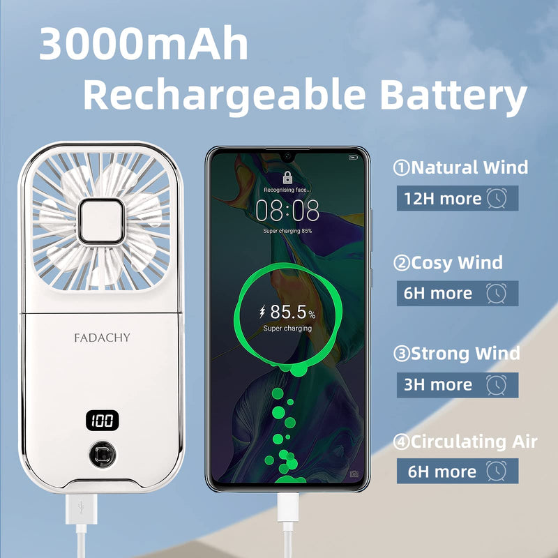 [Australia - AusPower] - Mini Fan Portable Handheld Fan Rechargeable Small Battery Operated Personal Fan all in 1 as Power Bank, Phone Holder, Hand Held Fan, Mini Desk Fan, Travel Fan, USB Fan, 3000 mAh, 4 Speed, Neck lanyard White 