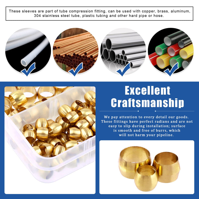 [Australia - AusPower] - Glarks 180Pcs Tube OD 3/16" 1/4" 5/16" Brass Compression Sleeves Ferrules, 3 Size Brass Compression Fitting Assortment Kit 