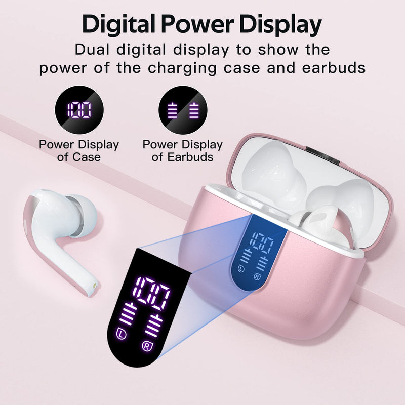 [Australia - AusPower] - TAGRY Bluetooth Headphones True Wireless Earbuds 60H Playback LED Power Display Earphones with Wireless Charging Case IPX5 Waterproof in-Ear Earbuds with Mic for TV Smart Phone Computer Laptop Sports Pink 