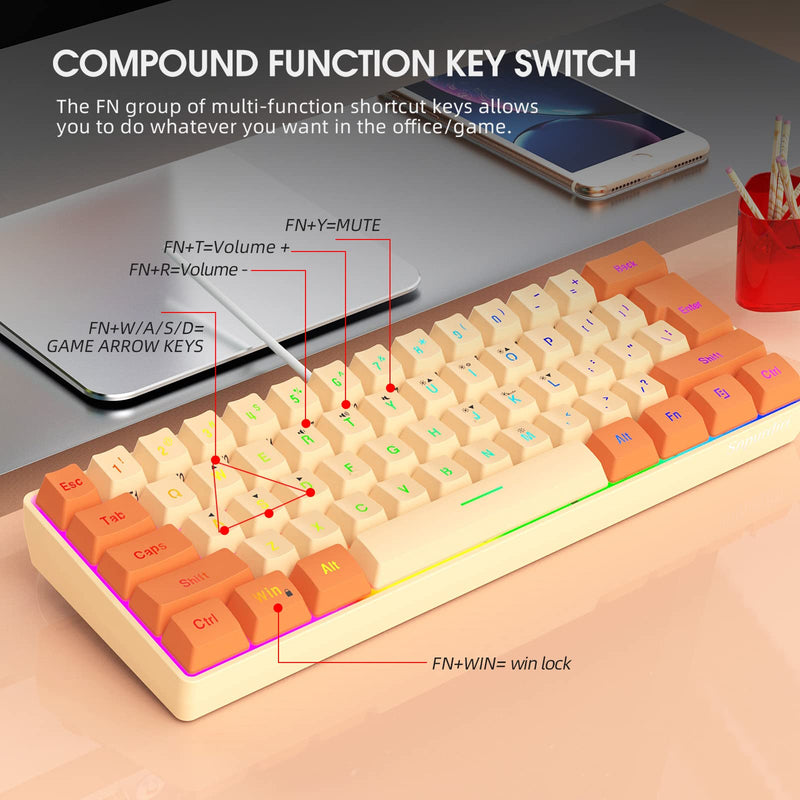 [Australia - AusPower] - Snpurdiri 60% Wired Gaming Keyboard, RGB Backlit Ultra-Compact Mini Keyboard, Waterproof Mini Compact 61 Keys Keyboard for PC/Mac Gamer, Typist, Travel (Orange and Cream) Orange and Cream 