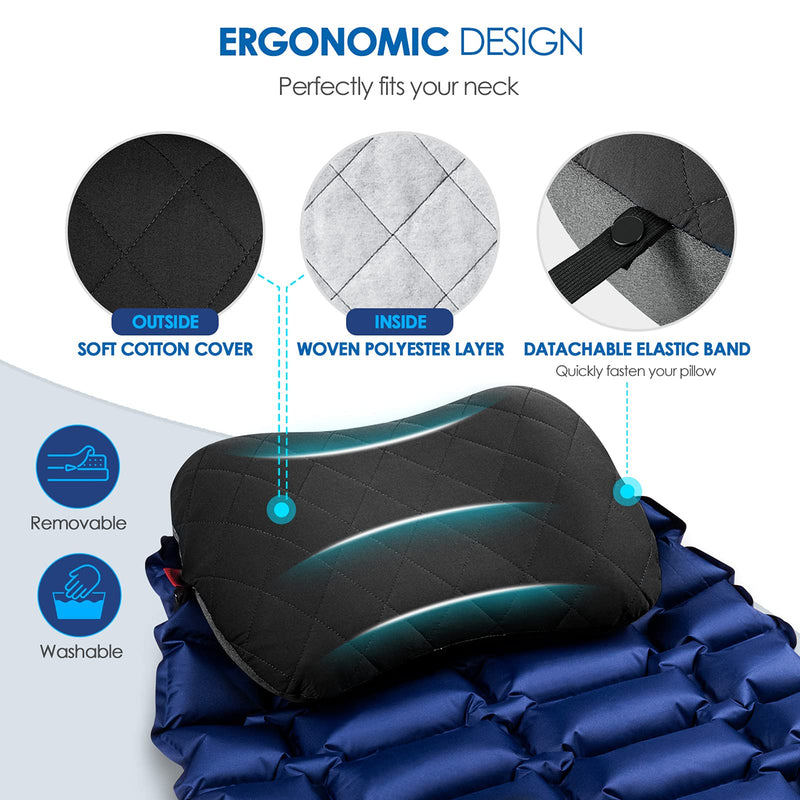 [Australia - AusPower] - Hikenture Camping Pillow with Removable Cover - Ultralight Inflatable Pillow for Neck Lumbar Support - Upgrade Backpacking Pillow - Washable Travel Air Pillows for Camping, Hiking, Backpacking Black 