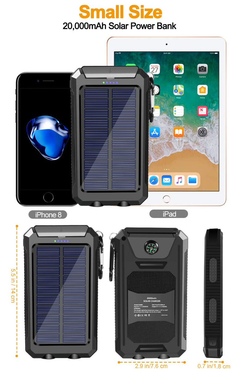 [Australia - AusPower] - Solar Charger 20000mAh Portable Solar Power Bank Waterproof External Backup Battery Power Pack Charger with 2 USB/LED Flashlights Compatible with iPhone, Tablet, Android, Suitable for Outdoor Camping Black 