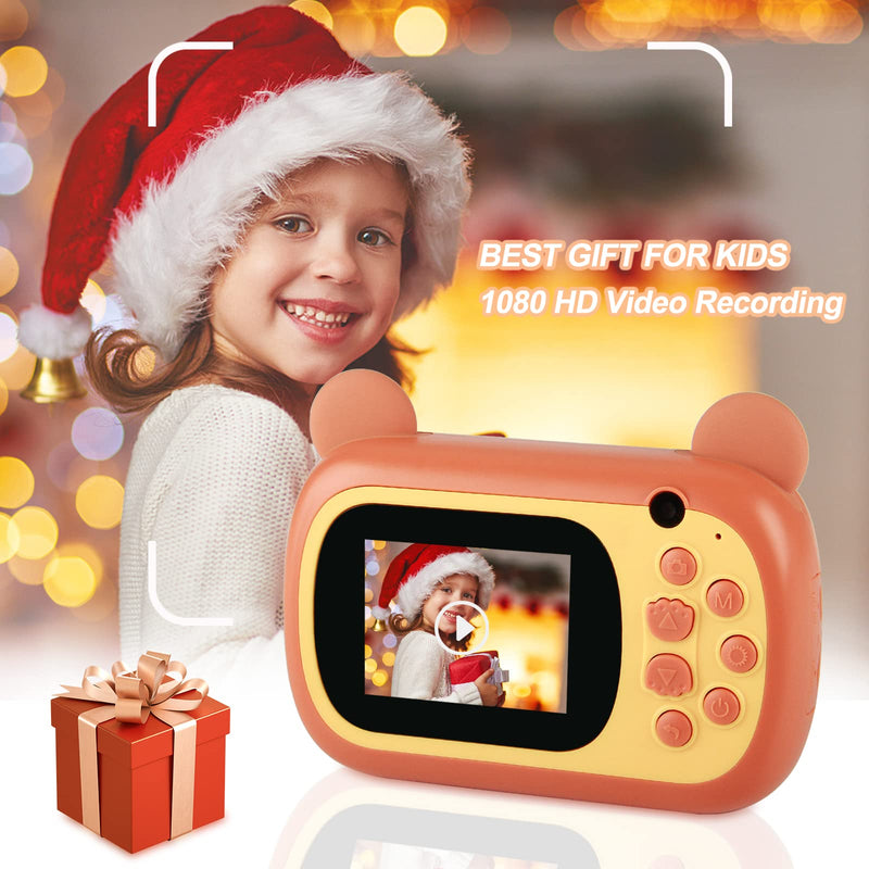 [Australia - AusPower] - HYPERY Instant Print Camera for Kids - Selfie Kids Camera for Girls, 1080P Video Digital Kids Camera with Cartoon Pattern Design - Toys Gifts for 3-12 Years Old Girls Boys Children (Brown) Brown 
