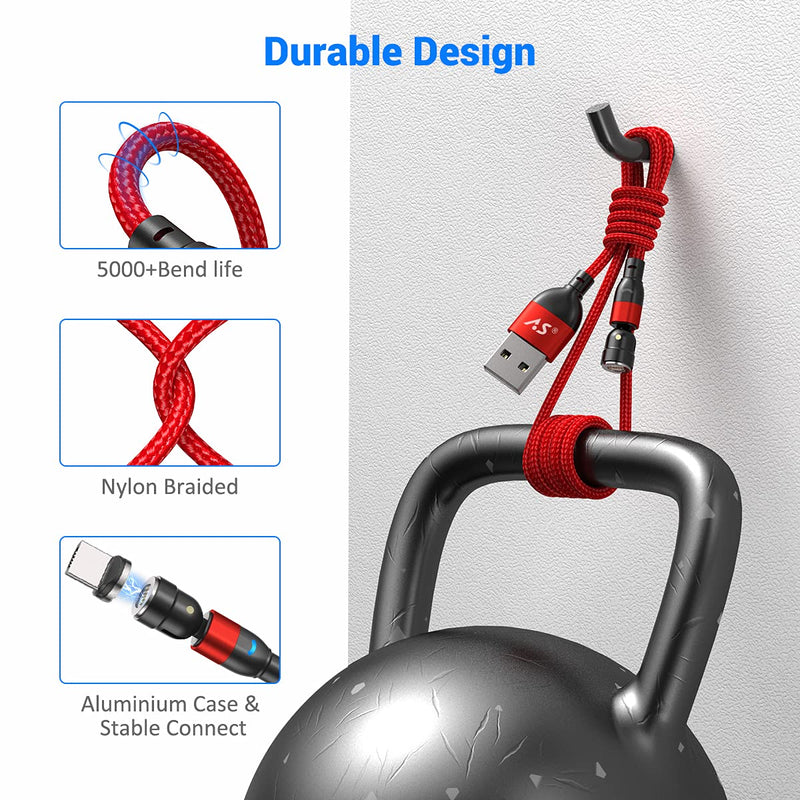 [Australia - AusPower] - Magnetic Charging Cable, A.S Magnetic Phone Charger 3A Fast Charging Data Sync USB C Magnetic Cable, 360° & 180° Rotation USB Magnet Charger Cord for Micro USB Type C (Red,1.6ft+3.3ft+3.3ft+6.6ft) Red 