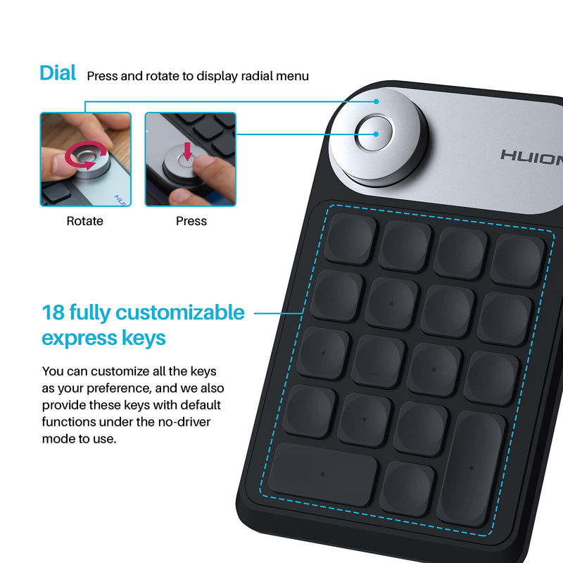 [Australia - AusPower] - HUION Mini KeyDial KD100 Wireless Express Key Remote Control Shortcut Keyboard with Dial 18 Customized Express Keys for Graphics Drawing Tablet, PC, Mac, Laptop, Surface Pro 