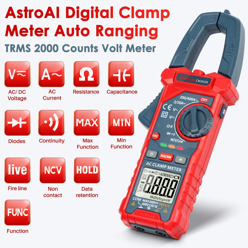 [Australia - AusPower] - AstroAI Digital Clamp Meter Multimeter 2000 Counts Amp Voltage Tester Auto-ranging with AC/DC Voltage, AC Current, Resistance, Capacitance, Continuity, Live Wire Test, Non-contact Voltage Detection 2000 Counts AC Current 