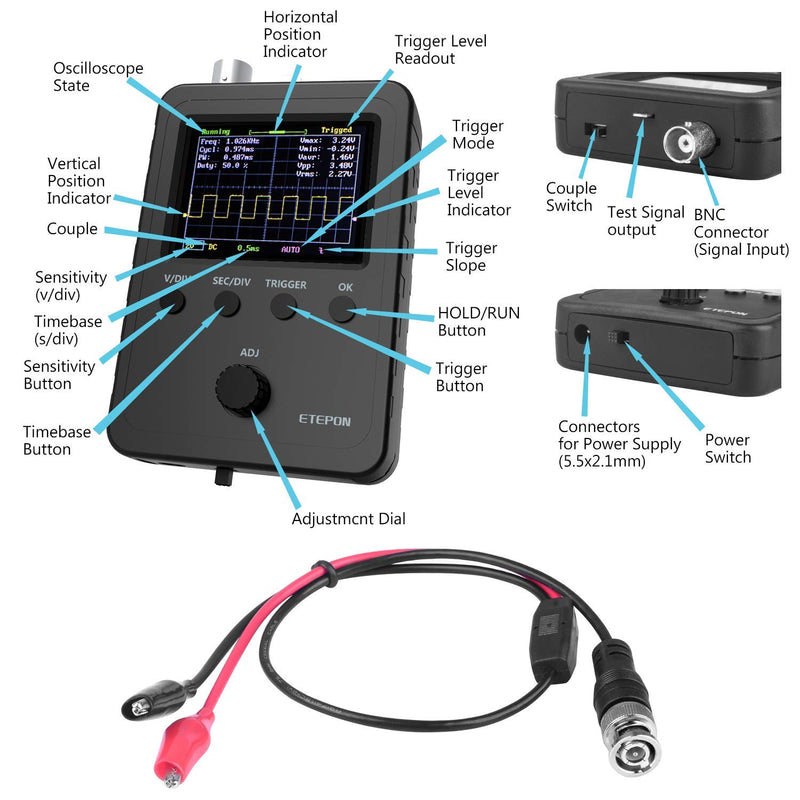 [Australia - AusPower] - ETEPON Digital Oscilloscope Kit with BNC-Clip Cable Probe with Power Supply, (Assembled Finished Machine) EM001 Black-1 