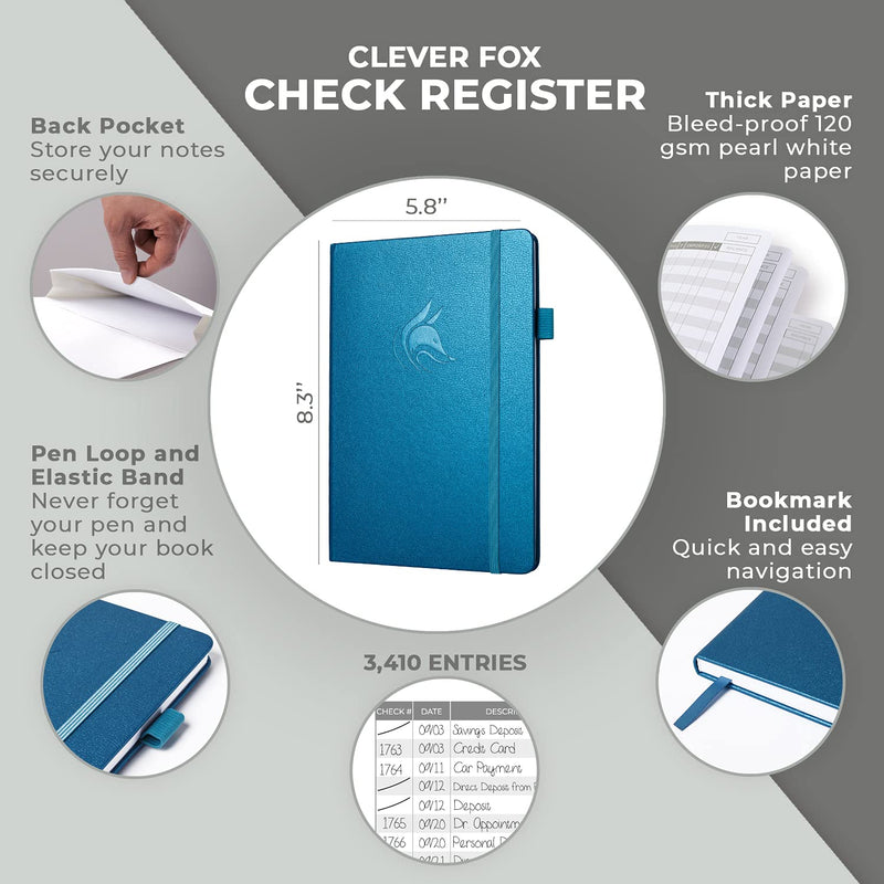 [Australia - AusPower] - Clever Fox Check Register – Deluxe Checkbook Log with Check & Transaction Registers, Bank Account Register Booklets for Personal and Work Use, A5 Hardcover - Mystic Blue A5 (5.8'' x 8.3'') 