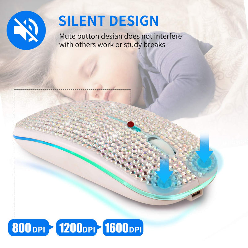 [Australia - AusPower] - Bling Dazzling Rechargeable 2.4GHz+5.2 Bluetooth Wireless Mouse Covered with Crystal Diamond Rhinestone,RGB Backlit,Great Gift idea for Her (Silver) Silver 