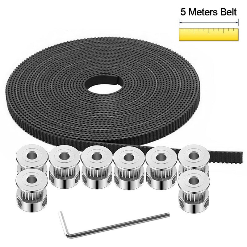 [Australia - AusPower] - GT2 Timing Belt Pulley, 8pcs 5mm 20 Teeth Timing Pulley Wheel and GT2 5 Meters Rubber 2mm Pitch 6mm Wide Timing Belt with Allen Wrench for 3D Printer CNC by Beauty Star 