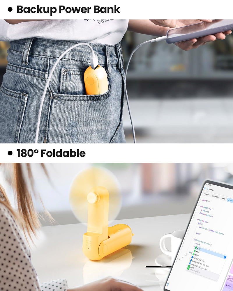 [Australia - AusPower] - Gaiatop Portable Handheld Fan, Foldable Small Fan, Mini Hand Held Fan with USB Rechargeable 2000mAh Battery, Eyelash Fan for Girls, Travel For Women, Outdoor (Yellow) Yellow 
