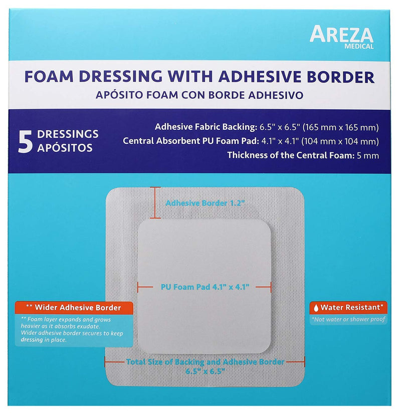 [Australia - AusPower] - Foam Wound Dressing with Adhesive Border 6.5" x 6.5" Central Foam: 4.1" x 4.1" Thickness 5 mm 5 per Box by Areza Medical 
