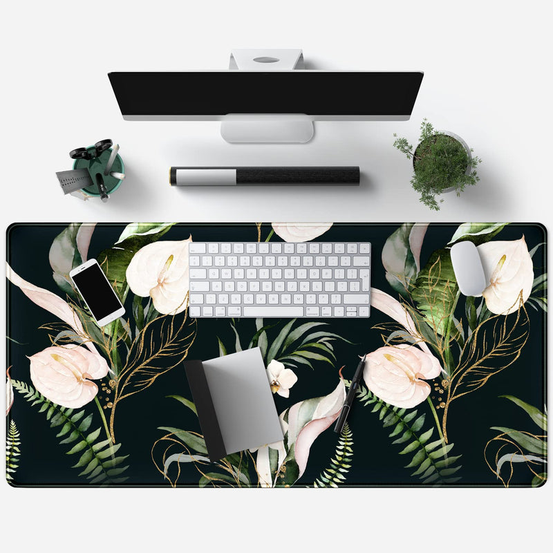 [Australia - AusPower] - Desk Mat Black and Gold White Rose Flowers Decor Large Keyboard Mouse Pad for Laptop Pc Setup Desk Cover Protector Desk DéCor for Office Home Work Gaming 31.5" X 15.7" Stitched Edge Non-Slip Design A Blue black 