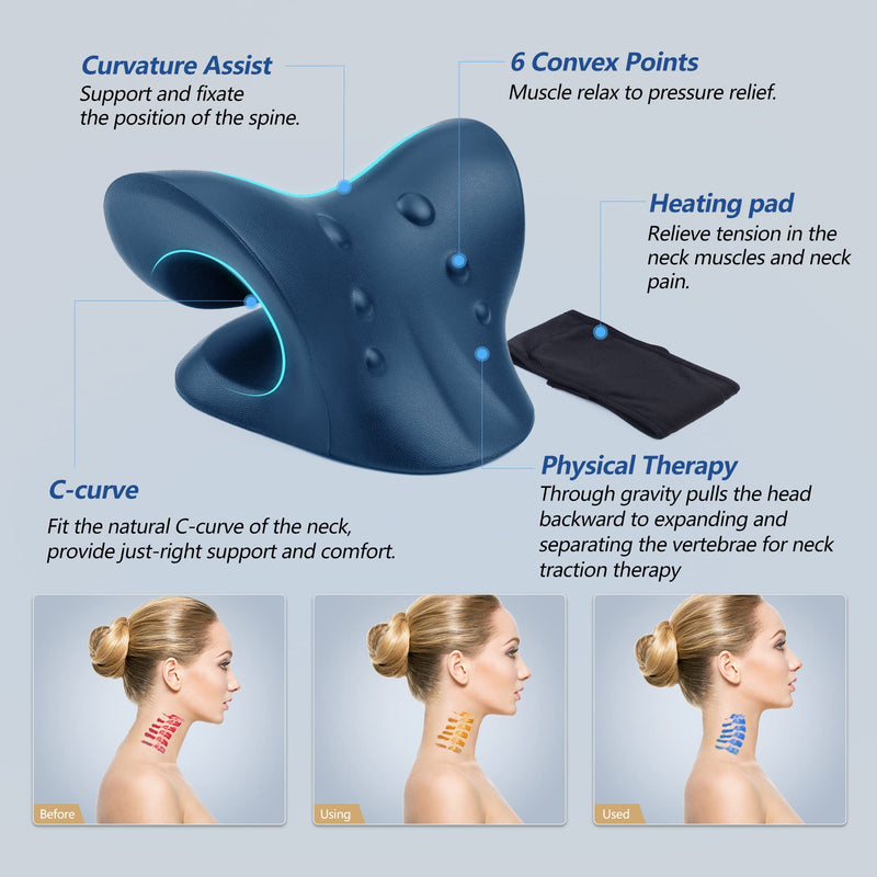 [Australia - AusPower] - Neck Stretcher for Neck Pain Relief, Heated Cervical Traction Device Pillow with Graphene Heating Pad, Neck and Shoulder Relaxer for TMJ Pain Relief and Cervical Spine Alignment(Dark Blue) Dark Blue 