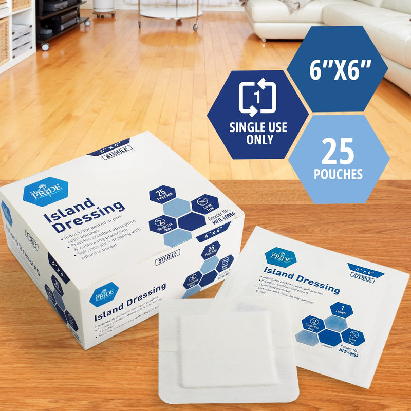 [Australia - AusPower] - Med PRIDE 6 inch x 6 inch Bordered Gauze-Island Dressing| 25 Pack-Individually Packed Pouches| Wound Dressing with Adhesive, Breathable Borders| Sterile & Highly Absorbent| Latex-Free 6'' x 6'' 