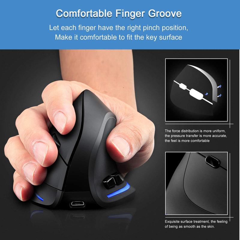 [Australia - AusPower] - TRELC Ergonomic Mouse, 2.4G Wireless Vertical Optical Mouse with Adjustable Sensitivity (1000/1600/2400 DPI), 6 Buttons for PC, Desktop, Laptop, Notebook (Black) 2.4GHz 
