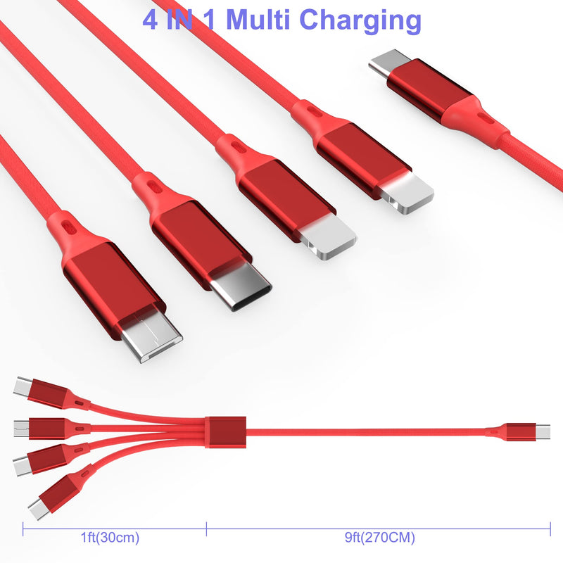 [Australia - AusPower] - Multi Charging Cable 4 in 1, 10Ft USB Long Charging Cable with Dual Type C/Micro USB/L Phone Connectors, Universal Charger Adapter Compatible with Cell Phones Tablets and More 