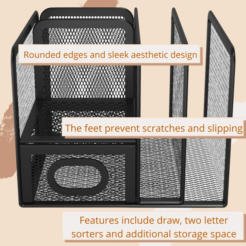 [Australia - AusPower] - 1InTheOffice Organizer for Desk, Desk Organizer, Mesh Desk Organizer, 5 Compartment Wire Mesh Accessory Holder, Matte Black 1 pack 