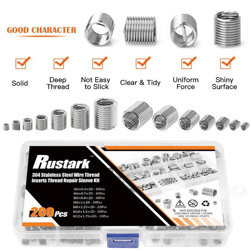 [Australia - AusPower] - Rustark 200 Pcs Wire Thread Inserts kit 304 Stainless Steel Metric M3 M4 M5 M6 M8 M10 M12 Helicoil Kit Wire Screw Sleeve Thread Repair Kit 