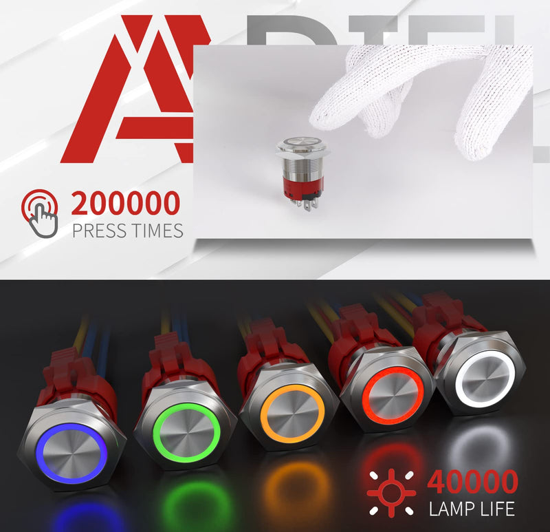 [Australia - AusPower] - APIELE 10 Amp 22mm Momentary Push Button Switch 12V Angel Eye LED Waterproof Stainless Steel Round Self Reset 7/8'' 1NO 1NC (10 Amp/Blue Led) 10Amp Silver Shell Blue 