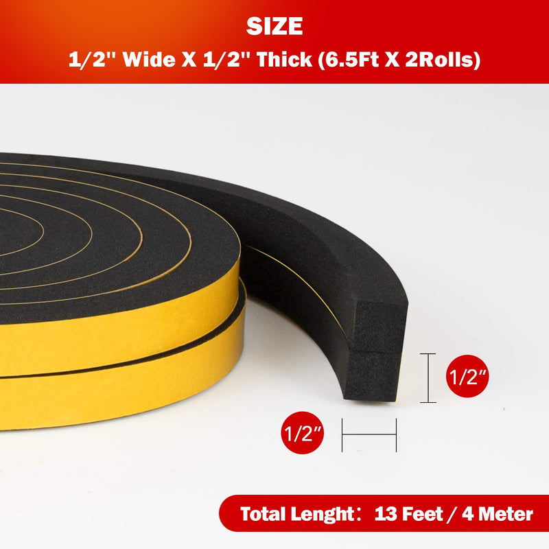 [Australia - AusPower] - Weather Stripping Door Seal Strip,High Density Foam Tape,Doors and Windows Insulation Soundproofing Weatherproof,Self Adhesive Rubber Weatherstrip Door Seal Strip (1/2''W X 1/2''T X 13'L) 1/2''W X 1/2''T X 13'L 