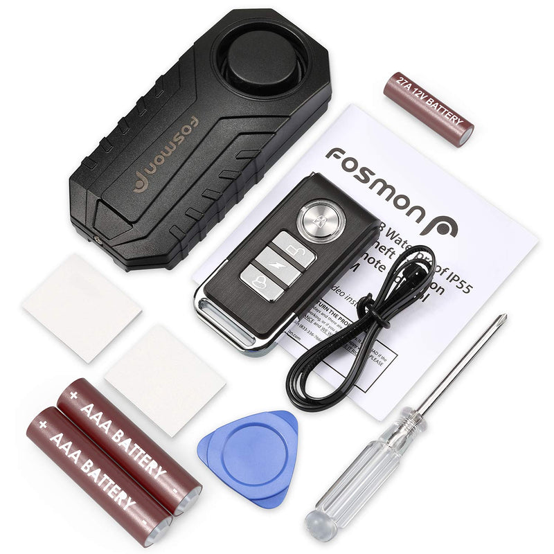 [Australia - AusPower] - Fosmon Anti Theft Burglar Bike Alarm with Remote, Waterproof Vibration Triggered Battery Operated Loud 113dB Wireless Siren for Bicycle, E-Bike, Motorcycle, Scooter, Cart, Trailer, Equipment, Fence 