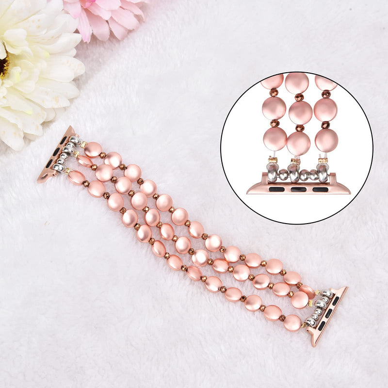 [Australia - AusPower] - Apple Watch Beads Bracelet 45mm/42mm/44mm Women Girls, QINGQING Fashion Handmade Beaded Elastic Stretch Apple Watch Band Replacement for iWatch Series 7/6/5/4/3/2/1/SE (Rose Gold) Rose Gold 42mm/44mm/45mm 